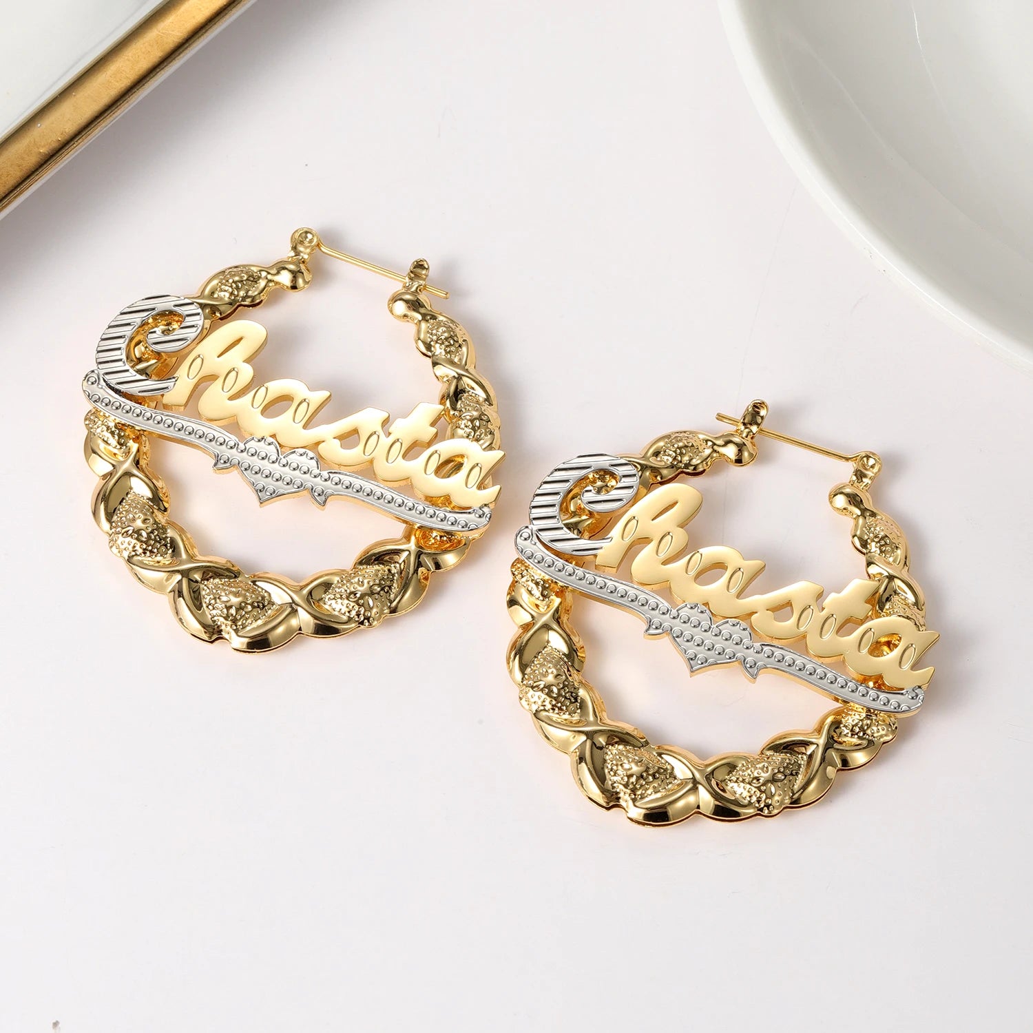 Personalized Heart Name Hoop Earrings – Customizable Bamboo Nameplate Jewelry for Women 1