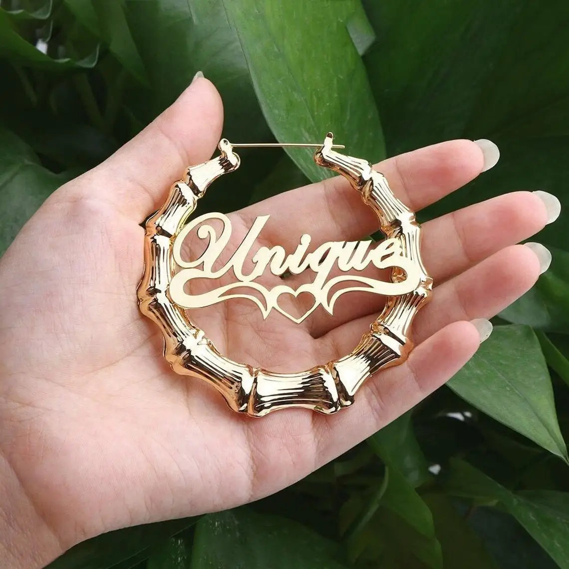 Custom Bamboo Hoop Earrings for Women – Stainless Steel, Personalized Name Drop, 30mm to 100mm Sizes 1