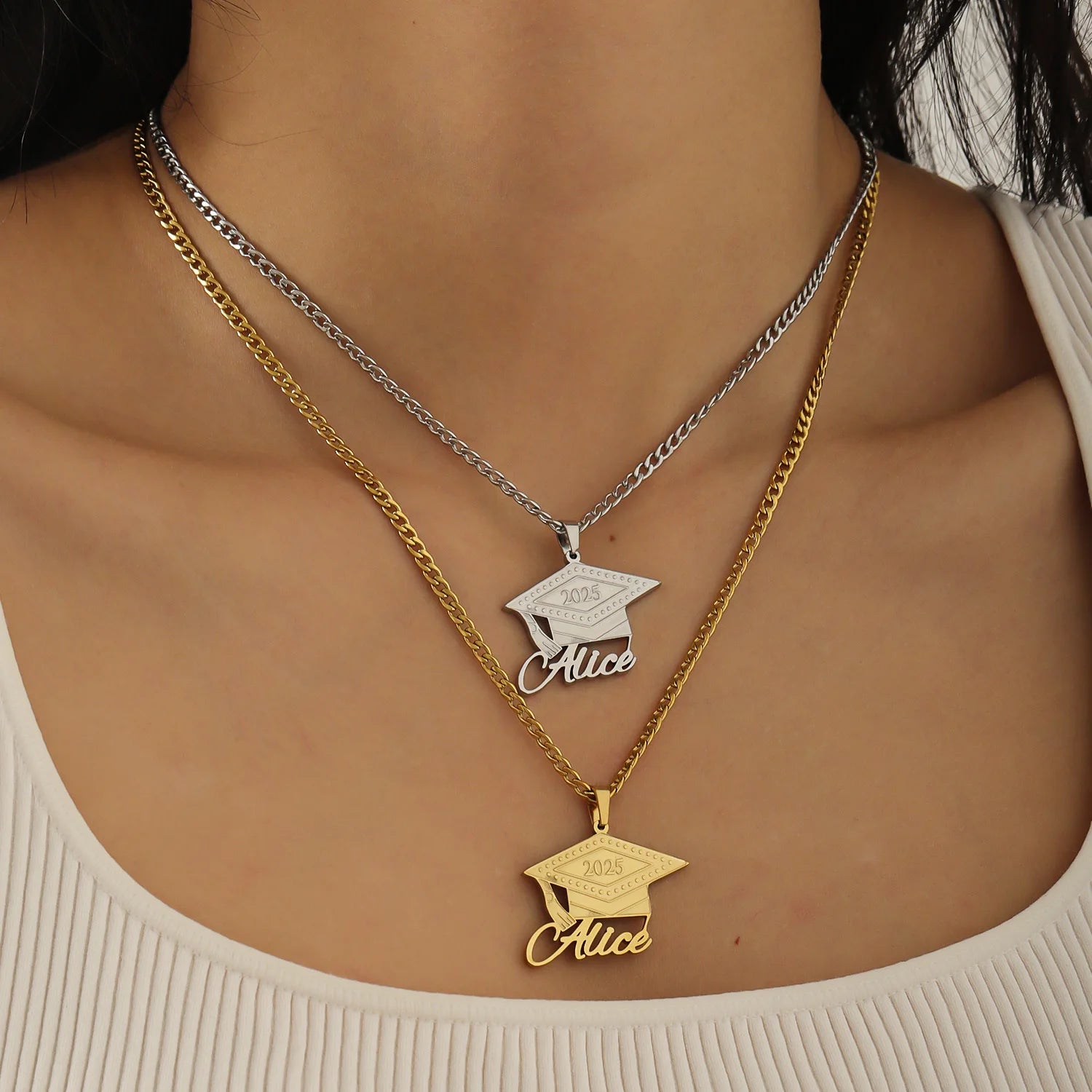 Personalized Graduation Necklace with Name Pendant in Stainless Steel – Custom Initial and Name Options in Gold, Silver, or Rose Gold 4