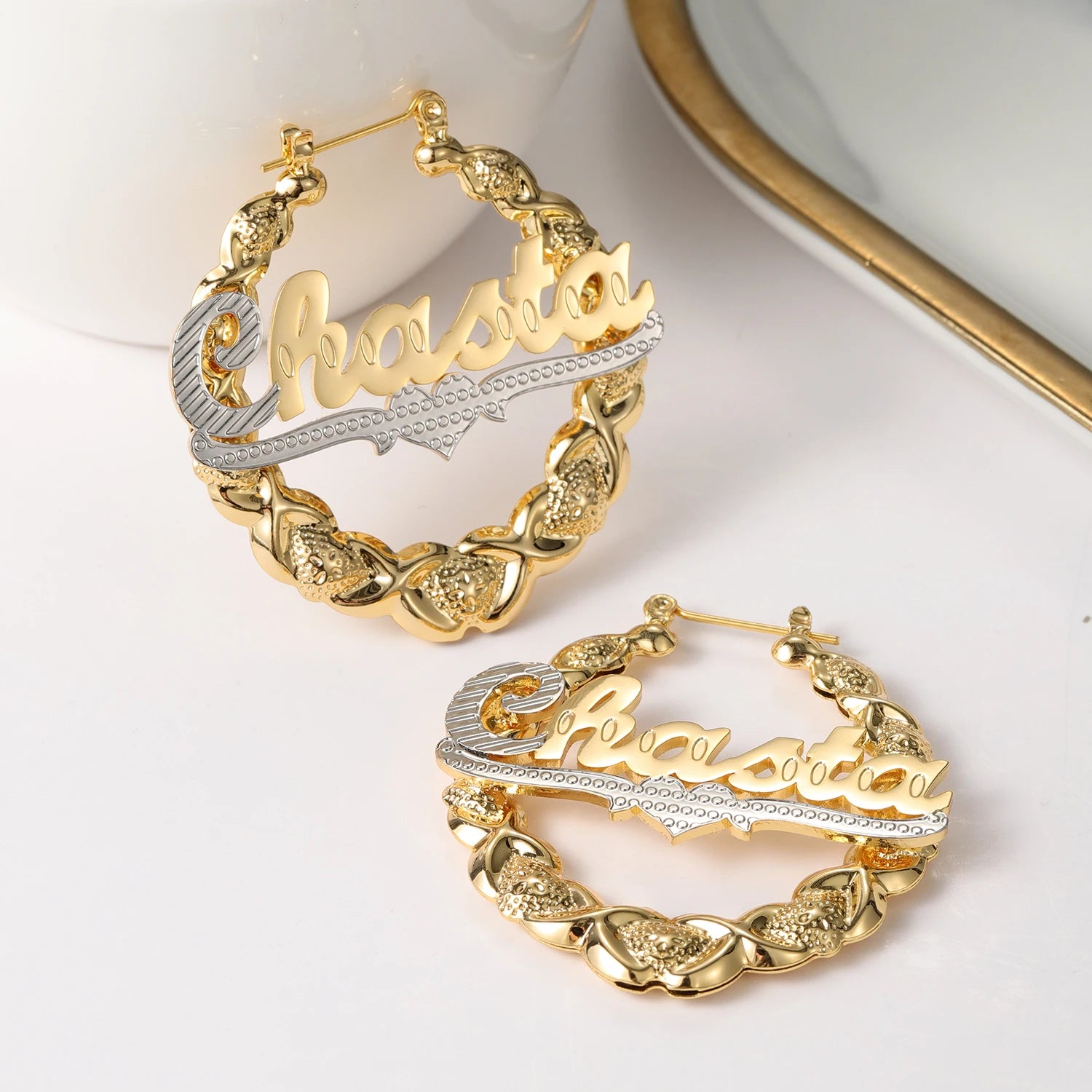 Personalized Heart Name Hoop Earrings – Customizable Bamboo Nameplate Jewelry for Women 2